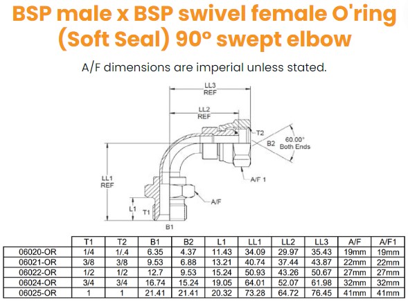 1/4 BSP M/F 90° Swept Soft Seat Oring On Fem Hydraulic Adaptor